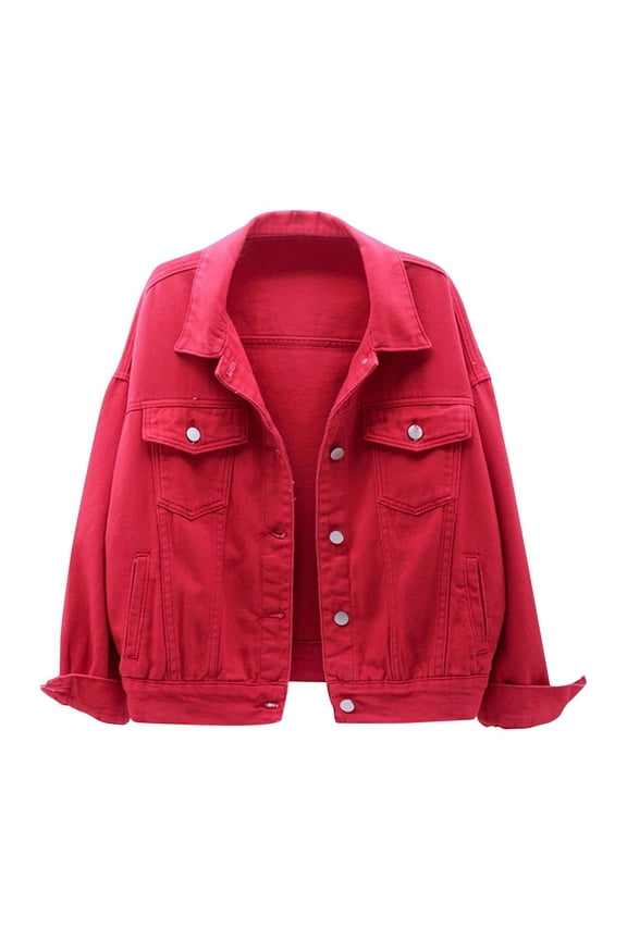 Women's And Women's Plus Jean Cropped Denim Jacket(Red,XL)