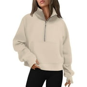 LINFRSH Women's Casual Hoodies Long Sleeve Solid Lightweight Pullover Tops Loose Sweatshirt with Pocket Plus Size Beige,L