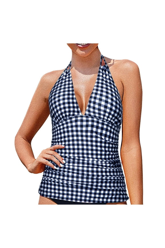 Women's Halter Tankini Top No Bottom V Neck Swim Top Tummy Control Bathing Suit Top White,M