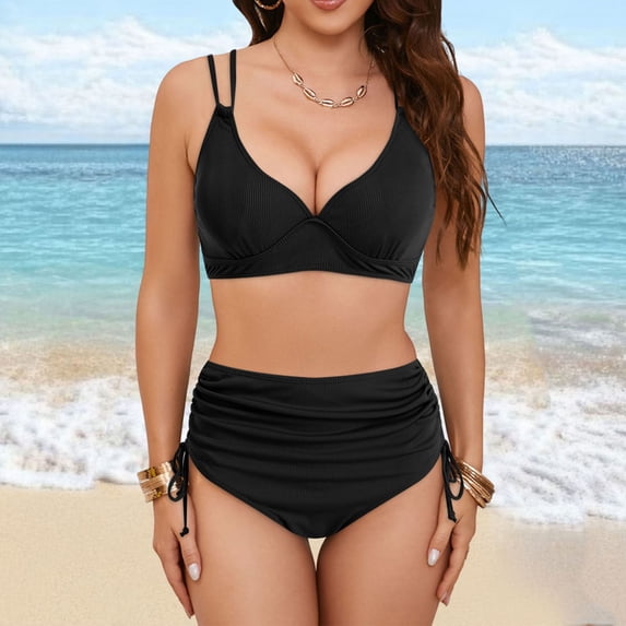 Linfrsh Women's High Waisted Bikini Sets Drawstring Tummy Control Swimsuits Crisscross Bathing Suit Black,L