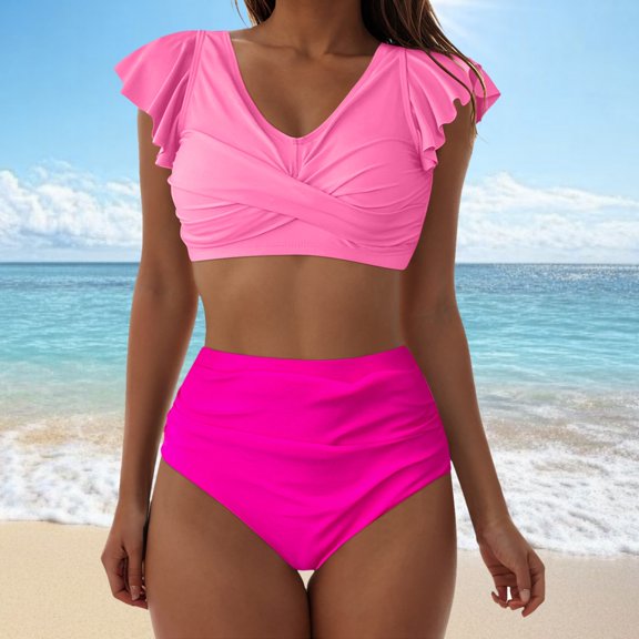 Linfrsh Women's High Waisted Bikini Sets Drawstring Tummy Control Swimsuits Crisscross Bathing Suit Hot Pink,S