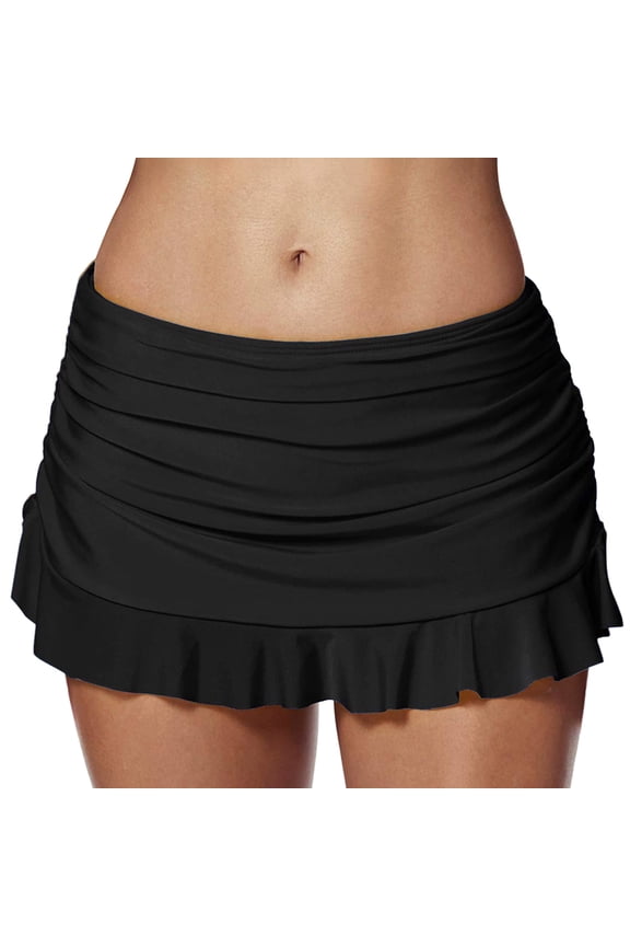 Women's High Waisted Ruched Ruffle Swim Skirt Bikini Bottoms Swimsuits Tummy Control Tankini Bathing Suit Bottoms for Women Black,S