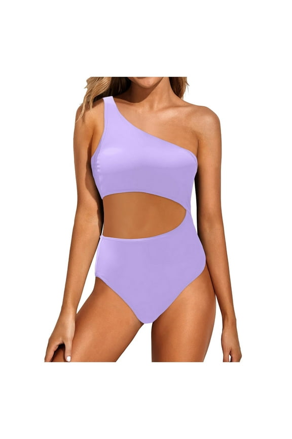 Women's One Piece Bathing Suit One Shoulder Swimsuit Cutout Swimwear Monokini Purple,S