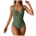 thumbnail image 1 of Linfrsh Women's One Piece Swimsuits Tummy Control Bathing Suit Color Block Swimwear Deep V Neck Swim Suit Green,XL, 1 of 7