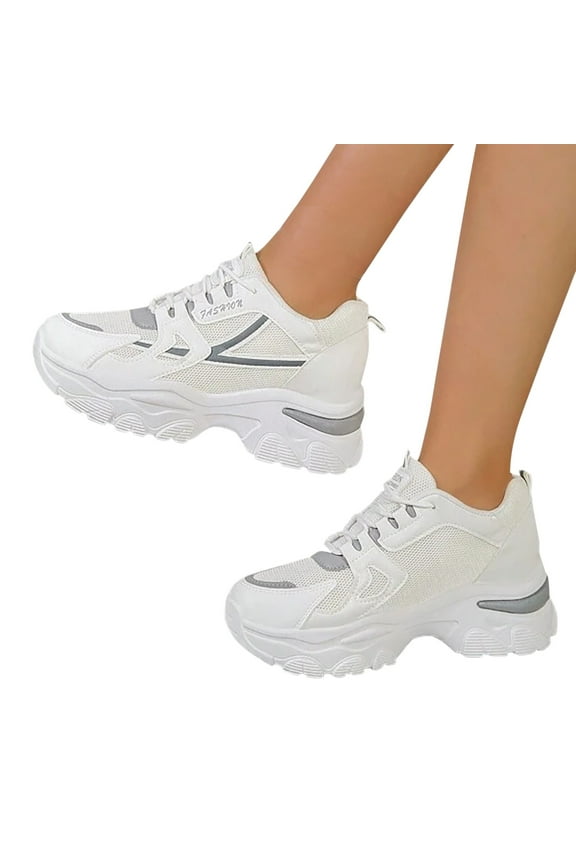 Women's Sneakers Ladies Lightweight Flyweave Mesh Breathable Comfortable Solid Colour Lace Up Flat Bottom Large Size Sneakers Grey,7