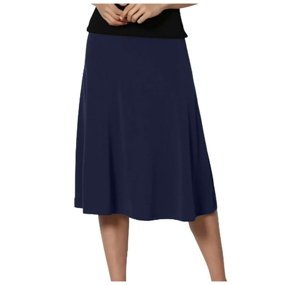 Linfrsh Women's Solid Lightweight Flare Pleated Midi Pull On Closure Skirt Plus Size Navy,M