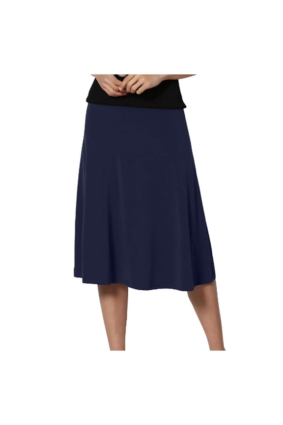 Women's Solid Lightweight Flare Pleated Midi Pull On Closure Skirt Plus Size Navy,M