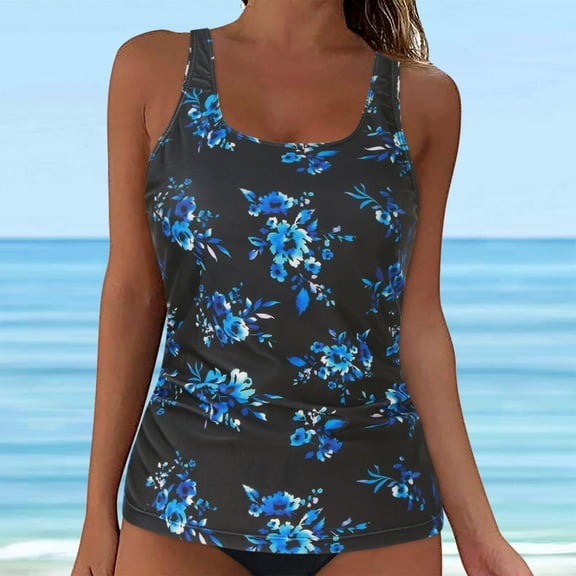 Linfrsh Women's Tankini Top Only Tummy Control Bathing Suits Top V Neck Printed Strappy Racerback Swimwear Tops No Bottom Purple,L