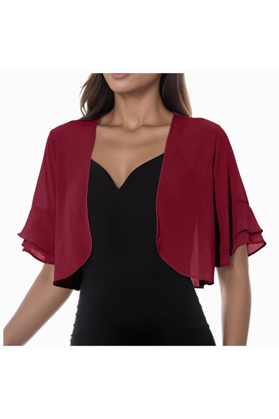 Womens 3/4 Sleeve Sheer Mesh Shrug Open Front Cropped Bolero Cardigan(Wine,L)