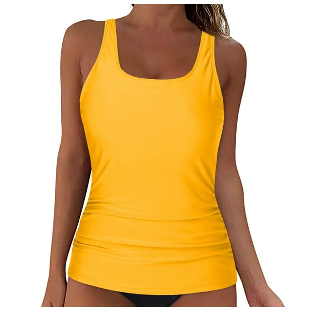 Linfrsh Womens Blouson Tankini Top No Bottom Loose Fit Swim Top Modest Tank Top Yellow,S
