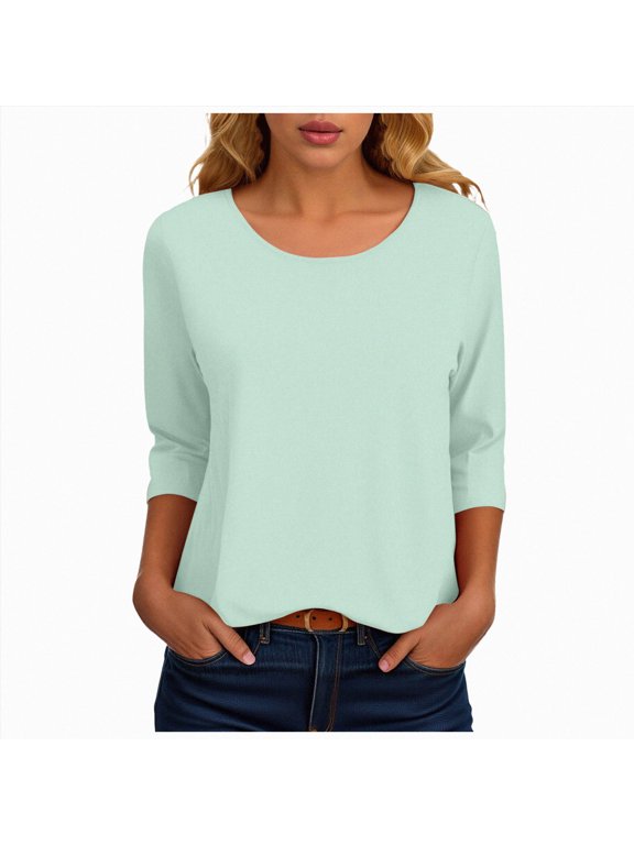 Womens Casual 3/4 Sleeve T Shirts Round Neck Cute Tunic Tops Basic Tees Blouses Loose Fit Pullover(Light Blue,L)