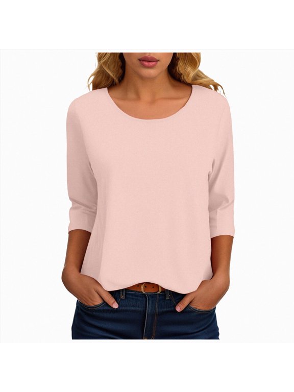 Womens Casual 3/4 Sleeve T Shirts Round Neck Cute Tunic Tops Basic Tees Blouses Loose Fit Pullover(Light Pink,M)
