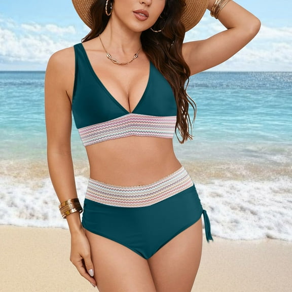 Linfrsh Womens High Waisted Bikini Sets Criss Cross Two Piece Swimsuits Color Block Full Coverage Bathing Suits Dark Green,M