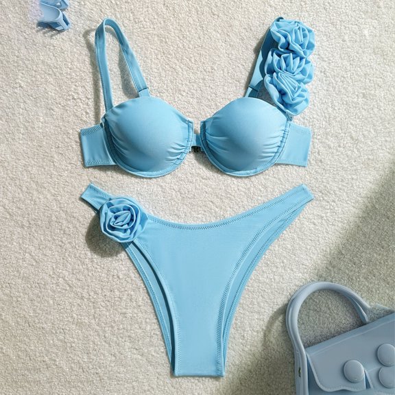 Linfrsh Womens High Waisted Bikini Sets Ruffle Cheeky Tummy Control Low Rise Bikini Set Push Up Two Piece Swimsuits Blue,S