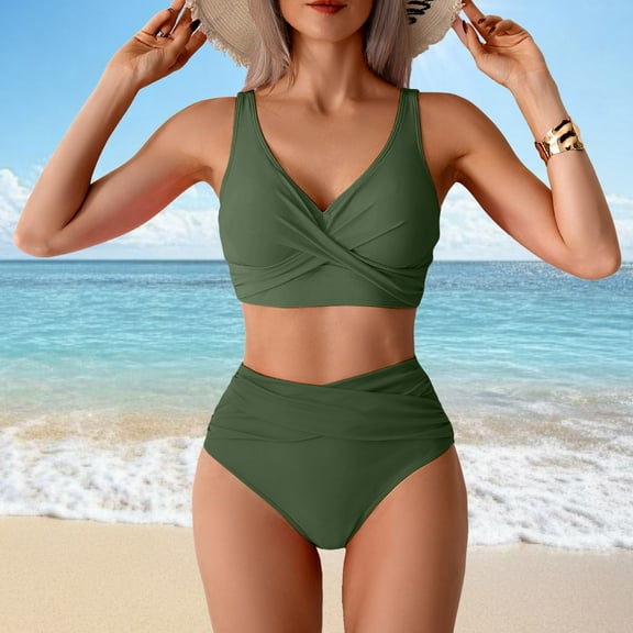 Linfrsh Womens High Waisted Bikini Sets Ruffle Cheeky Tummy Control Low Rise Bikini Set Push Up Two Piece Swimsuits Green,2XL