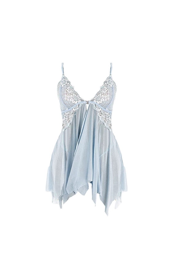 Womens Lingerie Sexy Nightgown Lace Chemises V-Neck Sleepwear Full Slip Sleep Dress Sky Blue,M