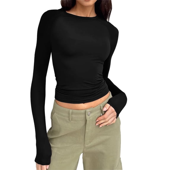Linfrsh Womens Long Sleeve Shirts Basic Spring Crop Tops Fall Fashion Layering Slim Fitted Y2k Tops Black,XS