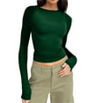 thumbnail image 1 of Linfrsh Womens Long Sleeve Shirts Basic Spring Crop Tops Fall Fashion Layering Slim Fitted Y2k Tops Green,XS, 1 of 5