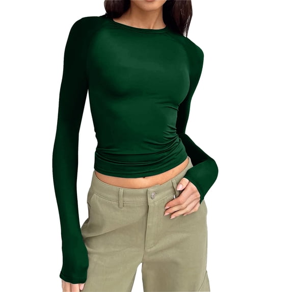 Linfrsh Womens Long Sleeve Shirts Basic Spring Crop Tops Fall Fashion Layering Slim Fitted Y2k Tops Green,XS