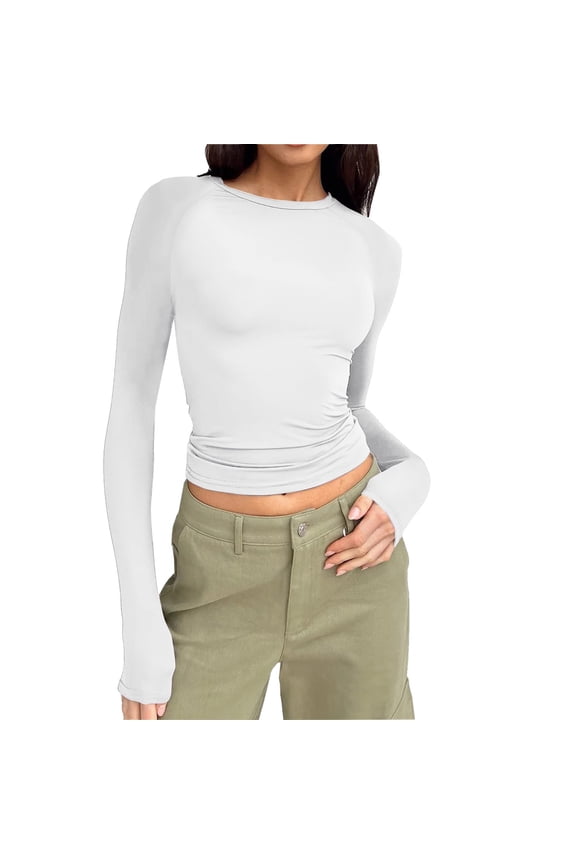 Womens Long Sleeve Shirts Basic Spring Crop Tops Fall Fashion Layering Slim Fitted Y2k Tops White,XS