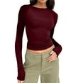 thumbnail image 1 of Linfrsh Womens Long Sleeve Shirts Basic Spring Crop Tops Fall Fashion Layering Slim Fitted Y2k Tops Wine,M, 1 of 5