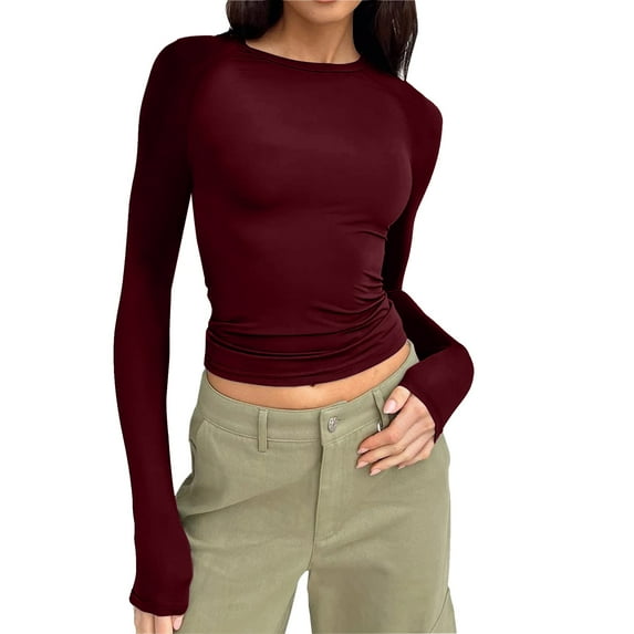 Linfrsh Womens Long Sleeve Shirts Basic Spring Crop Tops Fall Fashion Layering Slim Fitted Y2k Tops Wine,M