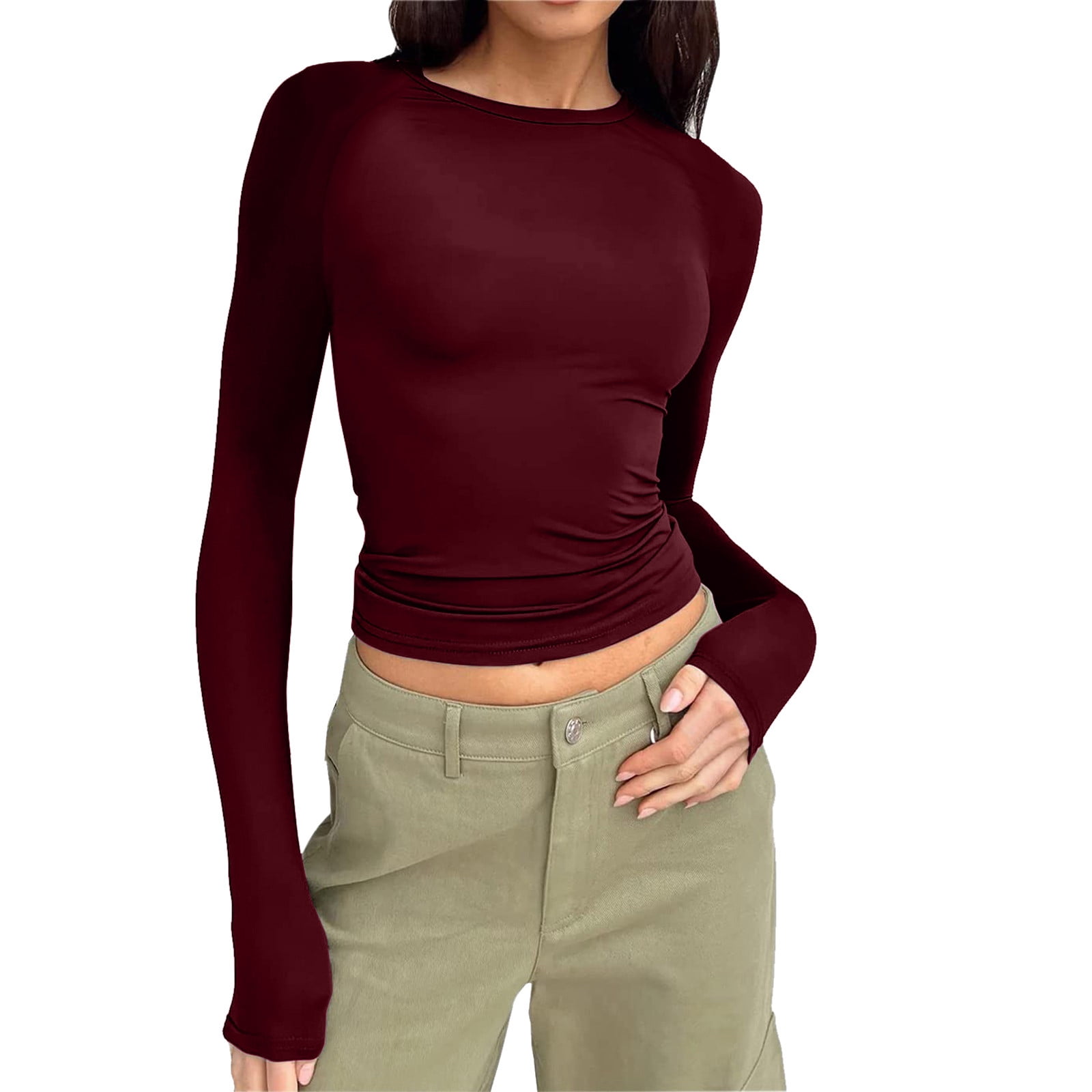 Linfrsh Womens Long Sleeve Shirts Basic Spring Crop Tops Fall