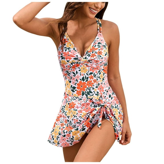 Linfrsh Womens One Piece Swimsuit Tummy Control Bathing Suit Black Spaghetti Strap 2025 Swim Dress for Women Swimwear A00-Orange,S