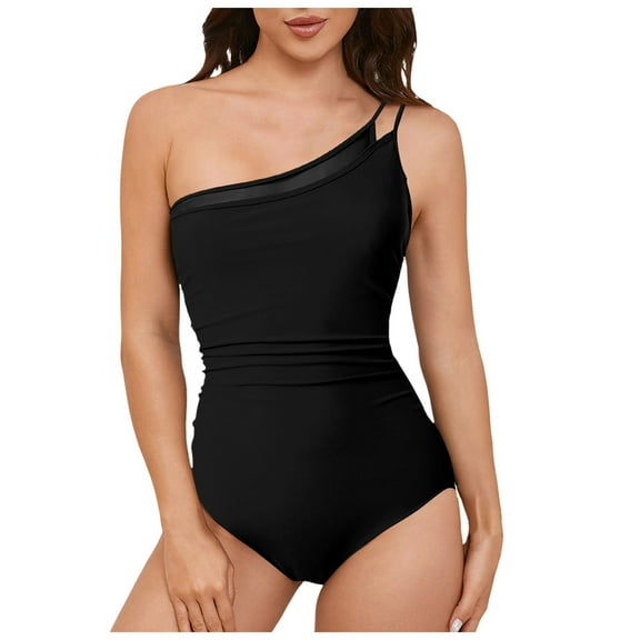 Linfrsh Womens One Piece Swimsuits One Shoulder Bathing Suits Tummy Control Modest Full Coverage Key Hole Beach Vacation Clothes Swimwear Black,2XL