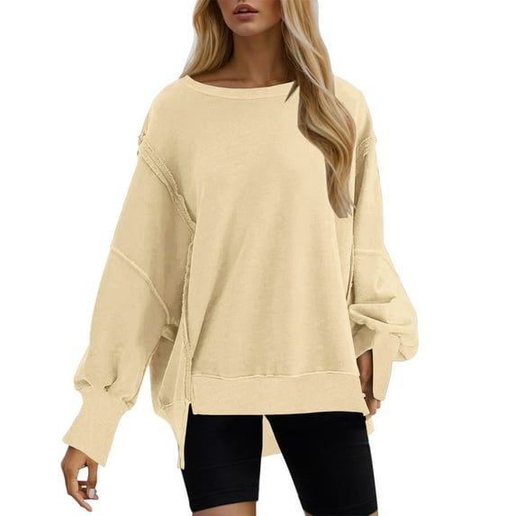Linfrsh Womens Oversized Crewneck Sweatshirts Hoodies Fall Outfits Fashion Teen Girls Winter Clothes Beige,XL