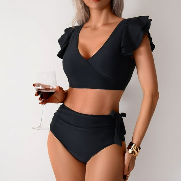 Linfrsh Womens Sexy Bikini Sets Two Piece Cheeky Swimsuits Cute Cutout String Bathing Suits Black,XL
