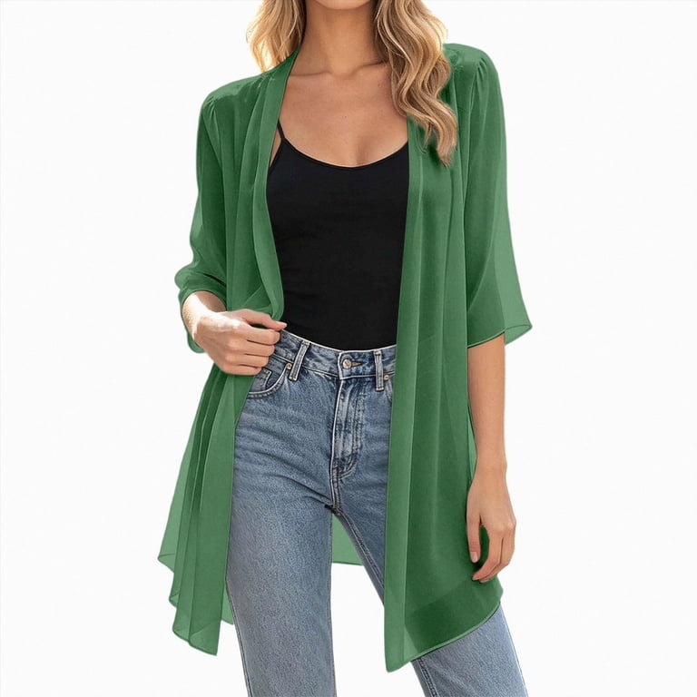 Linfrsh Womens Sheer Shrug Tie Front 3/4 Bell Sleeve Crop Cardigan for Dress Lightweight Summer Chiffon Cover Up(Dark Green,M)