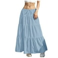 thumbnail image 1 of Linfrsh Womens Solid A-Line Ruffle Long Maxi Skirt Pleated Elastic High Waist Boho Maxi Drawstring Tiered Skirts(Blue,M), 1 of 7