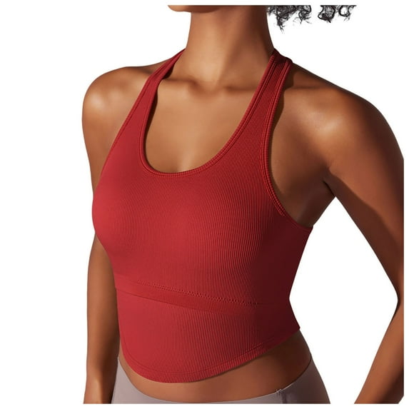 Linfrsh Womens' Sports Bra Longline Wirefree Padded with Medium Support Red,M