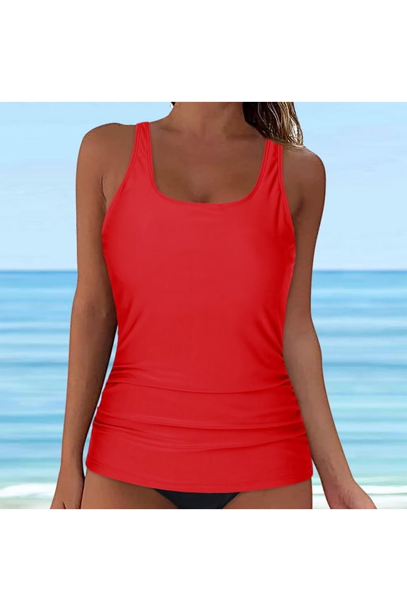 Womens Wrapped Crew Neck Swim Tops Built in Bras Tanikini Tops Bathing Suit Tops Red,2XL