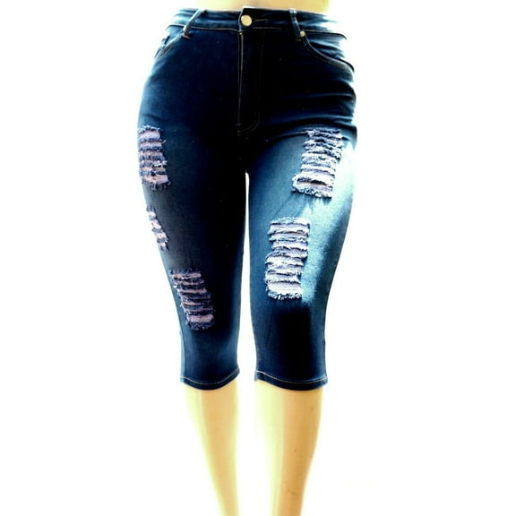 Ling Collection Women's Plus Size Capri Denim Jeans Ripped Distressed (PC-1486)