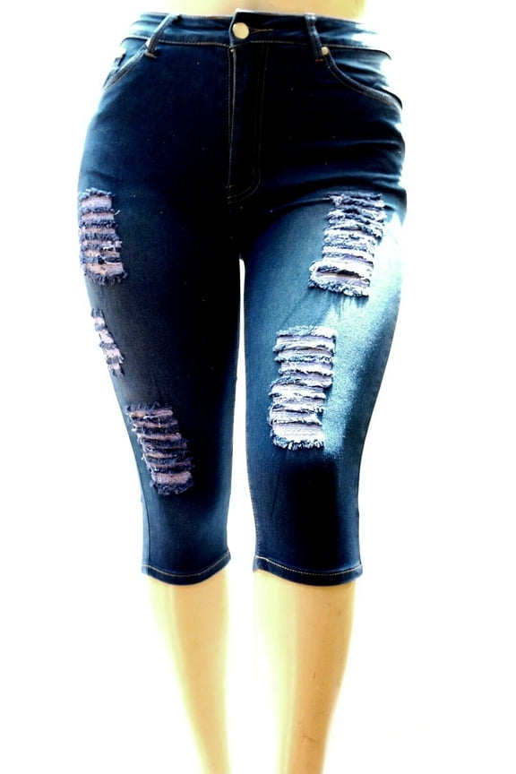Women's Plus Size Capri Denim Jeans Ripped Distressed (PC-1486)