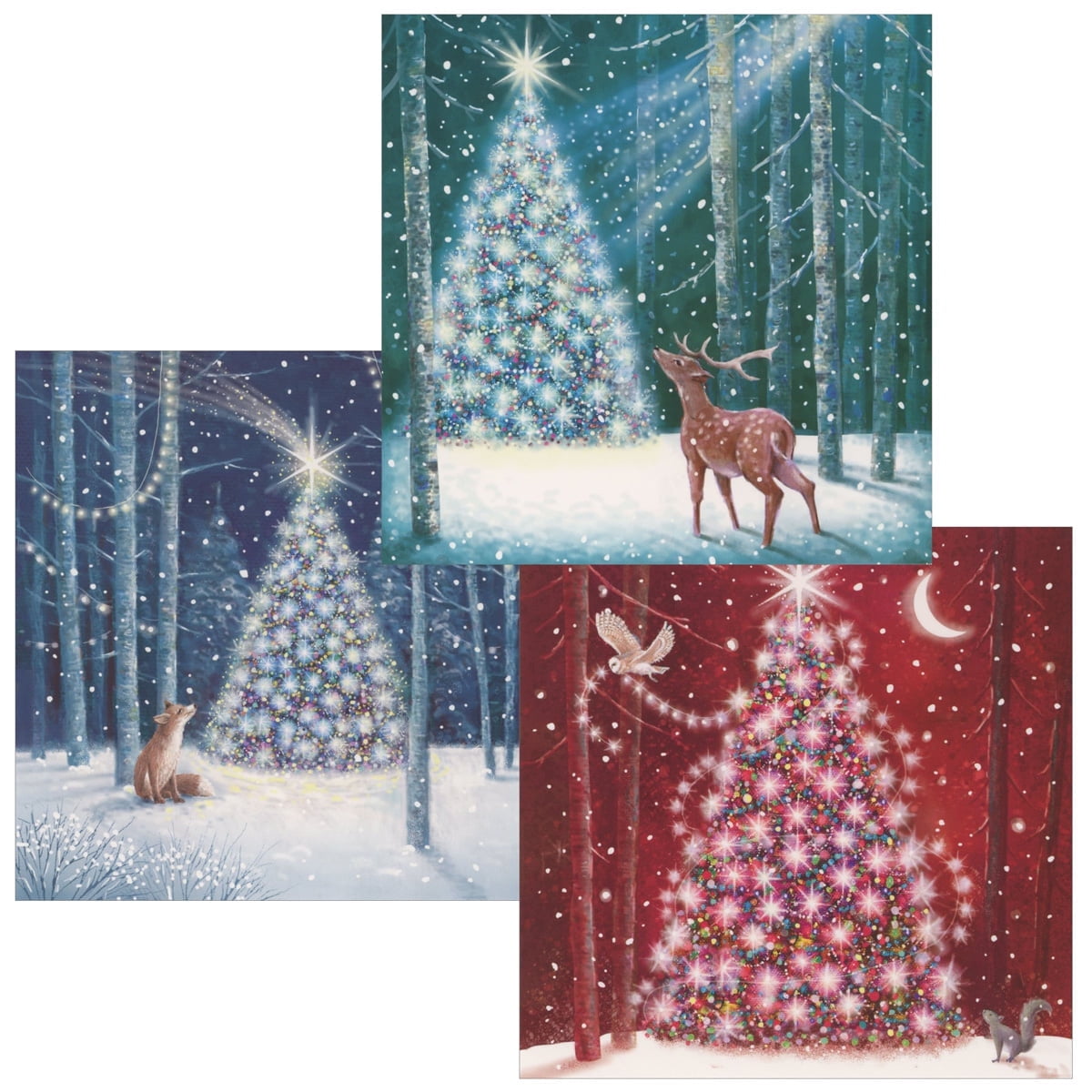 Ling Design Enchanted Christmas: Deer, Fox and Owl with Decorated Trees Assorted Box of 12 Christmas Cards