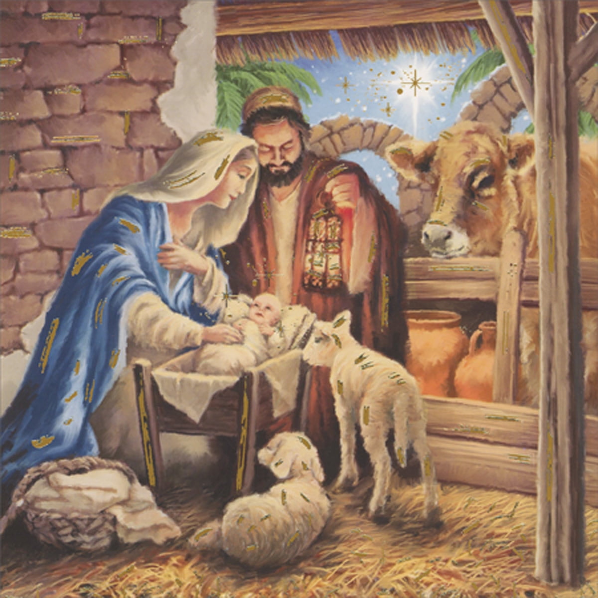 Ling Design Nativity: Baby Jesus, Mary and Joseph with Animals at Manger Box of 8 Luxury Religious Christmas Cards