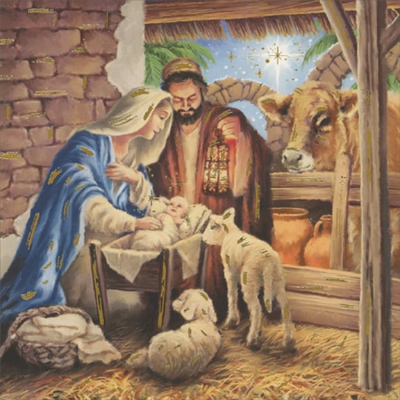 Ling Design Nativity: Baby Jesus, Mary and Joseph with Animals at Manger Box of 8 Luxury Religious Christmas Cards