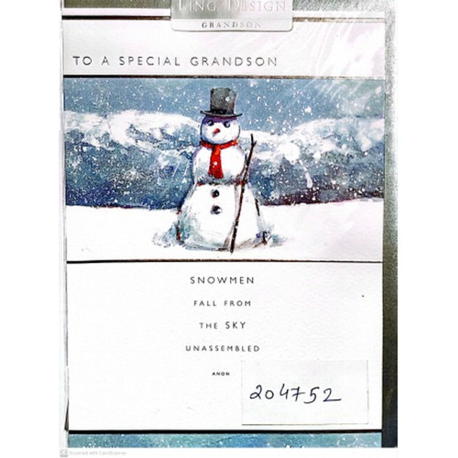 Ling Design To A Special Grandson Snowman Christmas Card