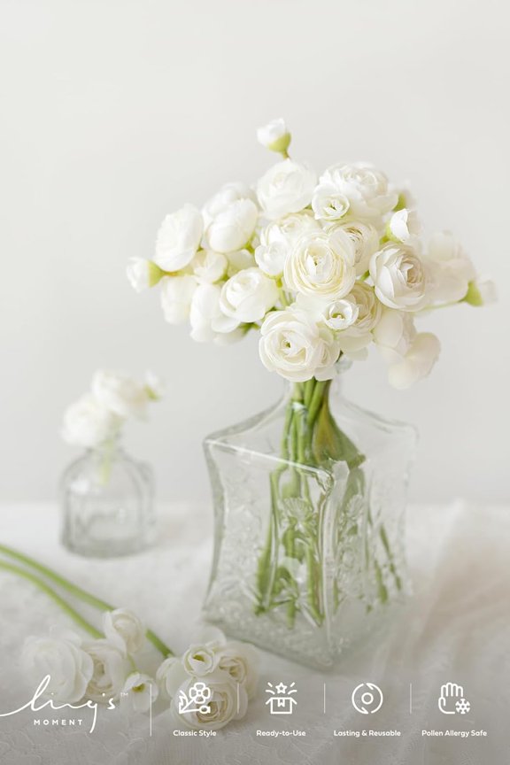 Ling's Moment Ranunculus Artificial Flower, Faux Silk Mini Ranunculus Flowers for DIY Bouquet, Bulk Fake Wedding Filler Flowers for Centerpieces Arrangements Bridal Shower Decorations, Ivory White