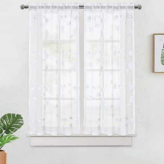 LingStar 1 pairs 90GSM Hawthorn Embroidered Tier Small Curtain Linen Textured Rod Pocket Short Window Curtain,26"x45"x2,white