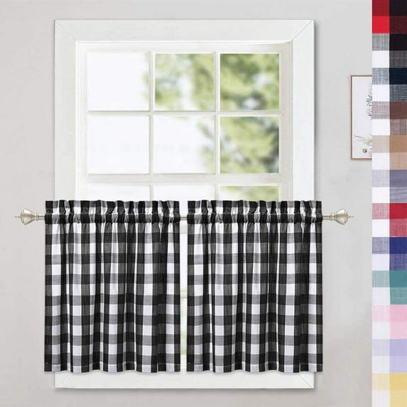 LingStar 2PCS Buffalo Check Rod Pocket Window Curtain Home Decor Window Treatments Small Window Curtains Set,26"x24"x2,black