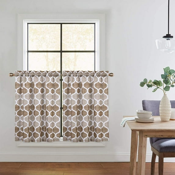 LingStar 2pcs Geometric Printing 100% Polyester Kitchen Tiers Rod Pocket Small Window Curtains,27"x24"x2,brown