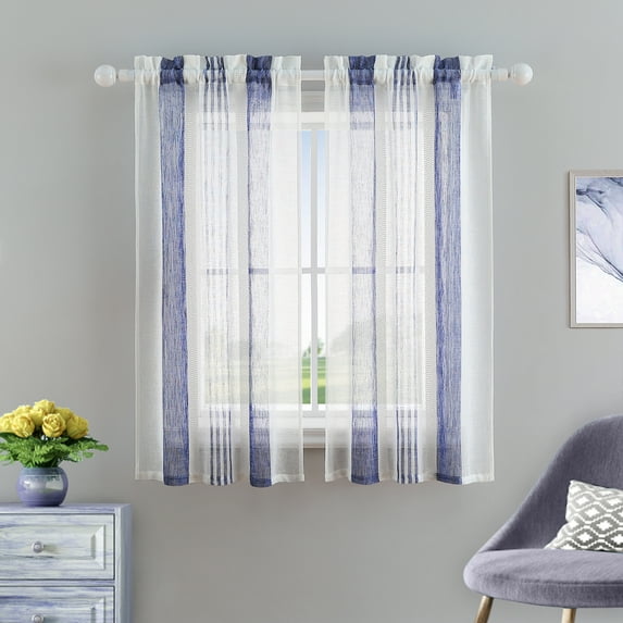 LingStar Curtain Sheer Valance Kitchen Curtain Rod Pocket Faux Linen Textured Window Valances,27"x45"x2,navy blue