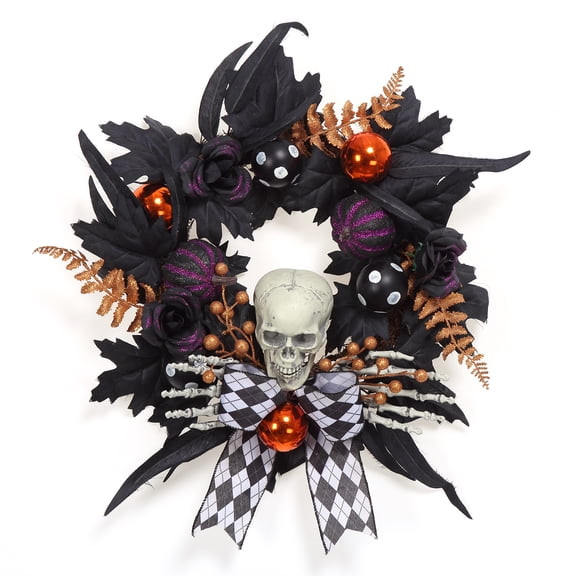 LingStar Halloween Wreath for Front Door Outside, 20 Inch Skull Half Cover Wreath with Rose and Maple Leaves, Skeleton Wreath for Halloween Indoor Outside Wall Home Party Decorations