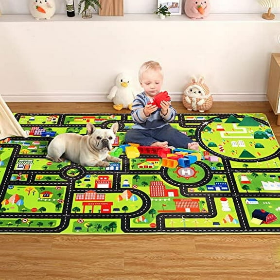LingStar Kids Rug for Playroom Non Slip Kids Play Mat Car Rug Road and Traffic Carpet Super Soft Thick Road Traffic Play Mat for Nursery Bedroom Boys Room Classroom