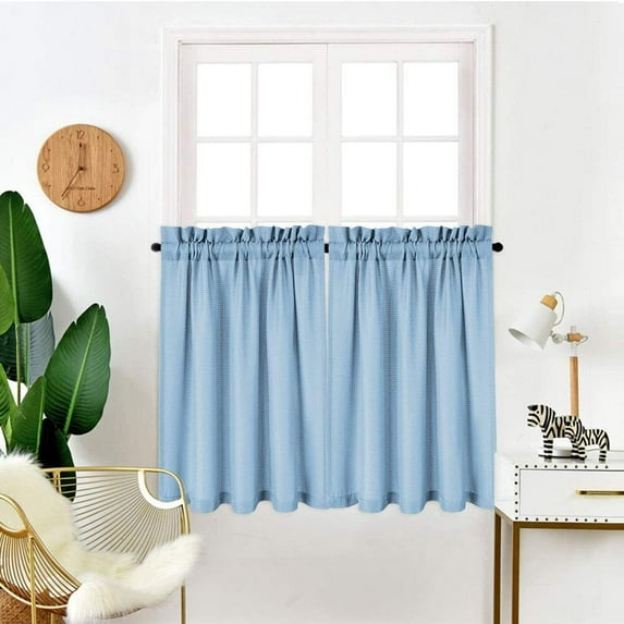 LingStar Waffle Woven Textured Tier Curtains Rod Pocket Short Window Curtains,30"x24"x2,sky blue