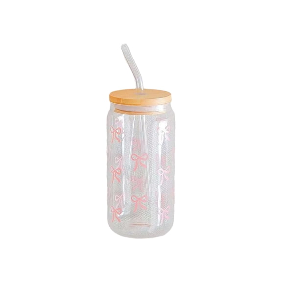LingVibe 16oz Borosilicate Glass Tumbler with Lid & Straw, Cute Bowknot Design Clear Cup for Iced Coffee, Juice, and Bubble Tea, Dishwasher Safe & Shatter Resistant,Pink